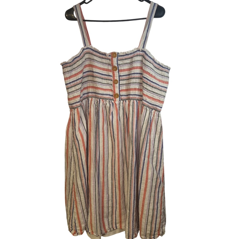 AVA JAMES Striped Smocked Button Front Dress Women's‎ 3X Linen Blend